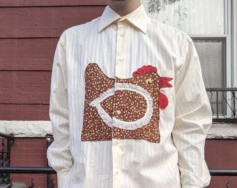 Mens L Dress Shirt with Quilted Chicken Tea Cozy Patch - OOAK Quilted Handcrafted Upcycled Vintage Punk