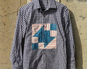 Mens L Long Sleeve Check Plaid Shirt with Antique Quilt Patch - OOAK Quilted Handcrafted Upcycled Vintage Style