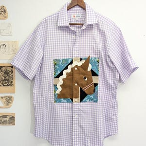 Upcycled Gingham Shirt with Brown Pony Head – Punk Style OOAK (Size Large)