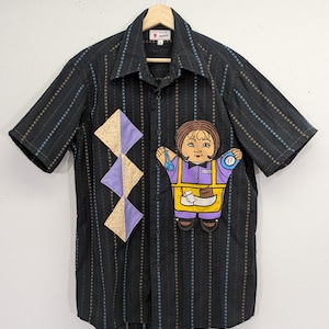 Camisa de rayas para hombre con parche de camarera - Estilo punk vintage reciclado y acolchado.