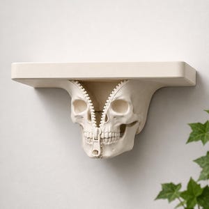 May include: A cream-colored wall shelf featuring a support bracket shaped like a human skull. The skull is split down the center by a vertical zipper mechanism that runs from the forehead to the chin, with the zipper pull centered over the teeth.