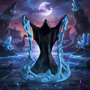 May include: Digital art of a robed figure with arms outstretched, surrounded by glowing blue energy. The figure is set against a fantasy landscape with a full moon, Viking ships, and crystalline structures.