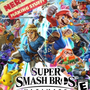 May include: A video game cover for Super Smash Bros. Ultimate for the Nintendo Switch. The cover features a colorful cast of characters from various Nintendo franchises, including Mario, Link, Pikachu, and Inkling. The game is rated E for Everyone by the ESRB.