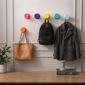 Pu&ograve; includere: Sei ganci da parete circolari in colori vivaci tra cui rosa, viola, giallo, turchese, azzurro e arancione. Una borsa tote in pelle color cuoio, uno zaino nero e un cappotto in lana grigio antracite sono appesi ai ganci sulla parete.