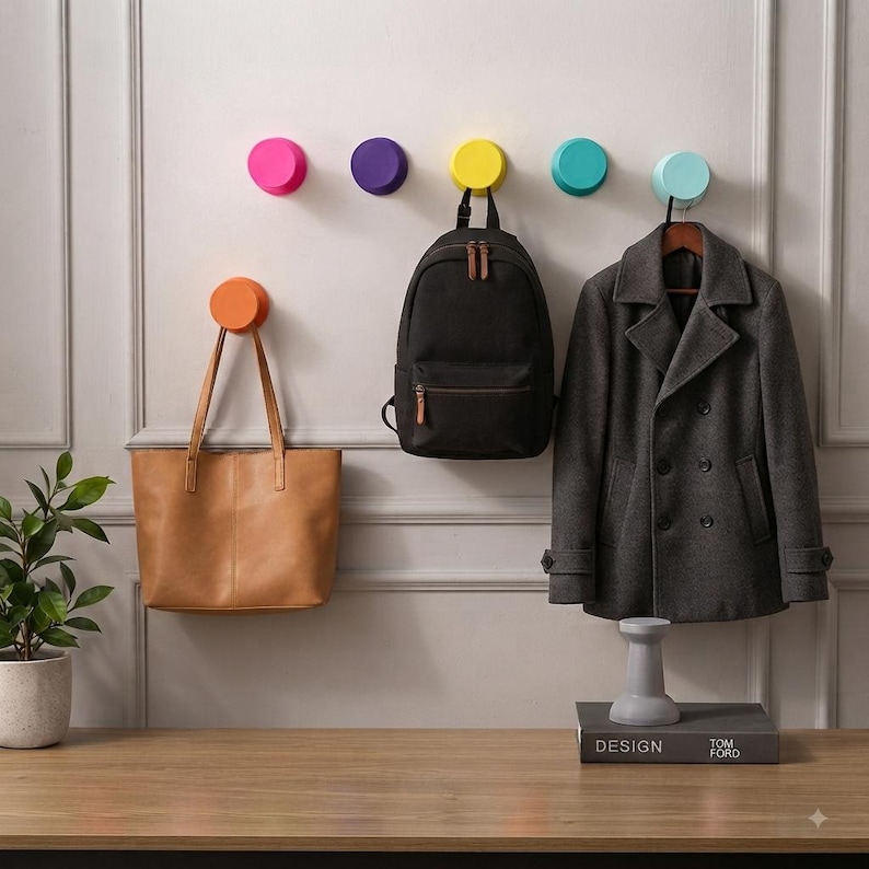 Pu&ograve; includere: Sei ganci da parete circolari in colori vivaci tra cui rosa, viola, giallo, turchese, azzurro e arancione. Una borsa tote in pelle color cuoio, uno zaino nero e un cappotto in lana grigio antracite sono appesi ai ganci sulla parete.
