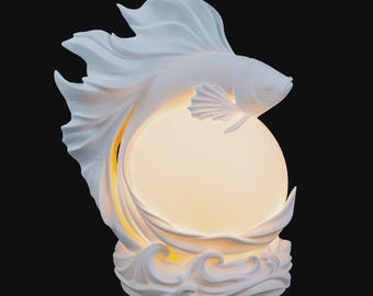 Betta Fish Lamp - 3D Printed Table Lamp with LED Tea Light or Puck Light - Nautical Decor Fantasy Orb Light - Small Desk Lamp & Night Light