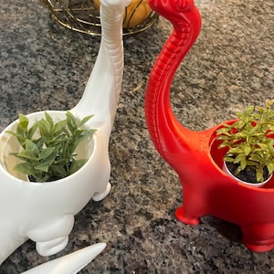 May include: Two dinosaur-shaped planters, one white and one red, with small green plants inside.
