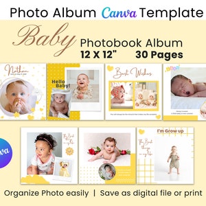 Baby Photo book Template, Photo Album Template, Editable Family Photobook, Scrapbook Page, Printable 12x12 First Year Photo Collage