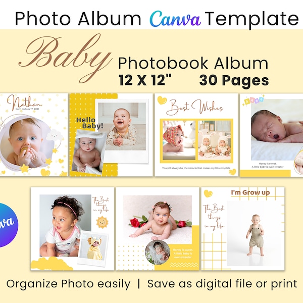 Baby Photo book Template, Photo Album Template, Editable Family Photobook, Scrapbook Page, Printable 12x12 First Year Photo Collage