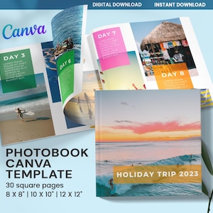 Modern Travel Photo Book Template, Photo Album Template for Vacation, Family Photo Collage Kit, Customizable Square Photobook