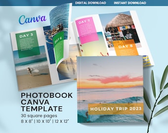 Modern Travel Photo Book Template, Photo Album Template for Vacation, Family Photo Collage Kit, Customizable Square Photobook