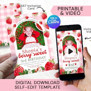 Editable Strawberry Berry sweet birthday invitation Video, Printable Berry First Invite with photo, Strawberry 1st birthday party invites, Digital Download, Instant Download