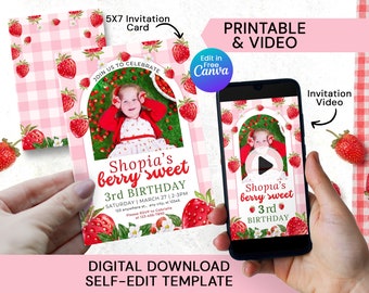 Strawberry Birthday Party Invitation, Berry Sweet birthday invitation Video, Printable Pink Gingham Berry First Invite with photo
