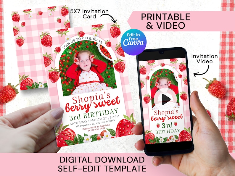 Editable Strawberry Berry sweet birthday invitation Video, Printable Berry First Invite with photo, Strawberry 1st birthday party invites, Digital Download, Instant Download