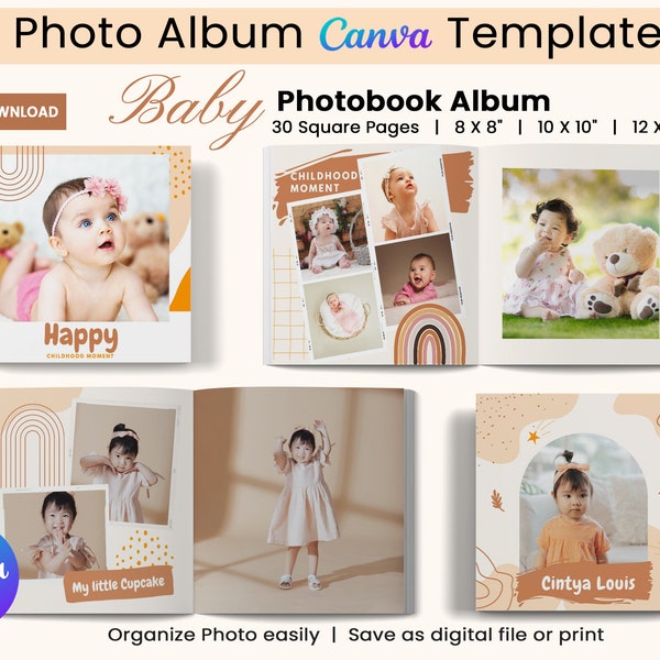 Baby Photo Album, Digital Photo Book Template for Photography, Kids Printable PhotoBook Canva Design