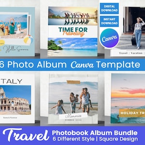 6 Travel Photo Book Template, Photo Album Template for Vacation, Canva Scrapbook Page, Family Photo Collage, Customizable Square Photobook