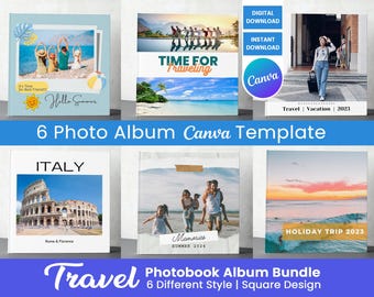 6 Travel Photo Book Template, Photo Album Template for Vacation, Canva Scrapbook Page, Family Photo Collage, Customizable Square Photobook