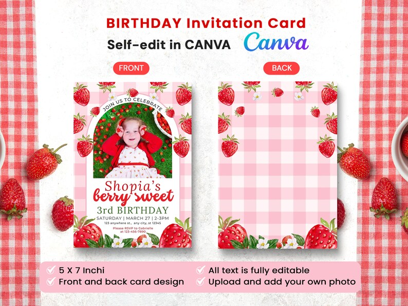 Editable Strawberry Berry sweet birthday invitation Video, Printable Berry First Invite with photo, Strawberry 1st birthday party invites, Digital Download, Instant Download
