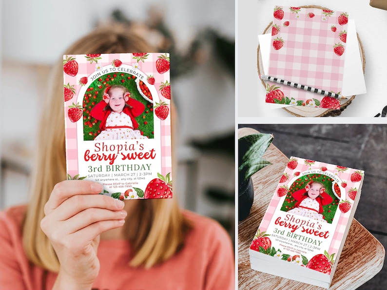 Editable Strawberry Berry sweet birthday invitation Video, Printable Berry First Invite with photo, Strawberry 1st birthday party invites, Digital Download, Instant Download