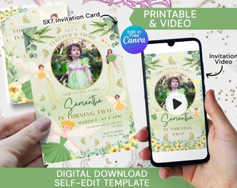 Convite de primeiro aniversário de fada, convite editável para festa de aniversário de bebê fada com foto, convite digital de fada floral para menina de 1 ano