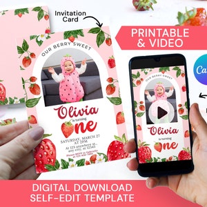 Berry first birthday invitation Video, Printable Berry Sweet Invite with photo, Strawberry 1st birthday party invites
