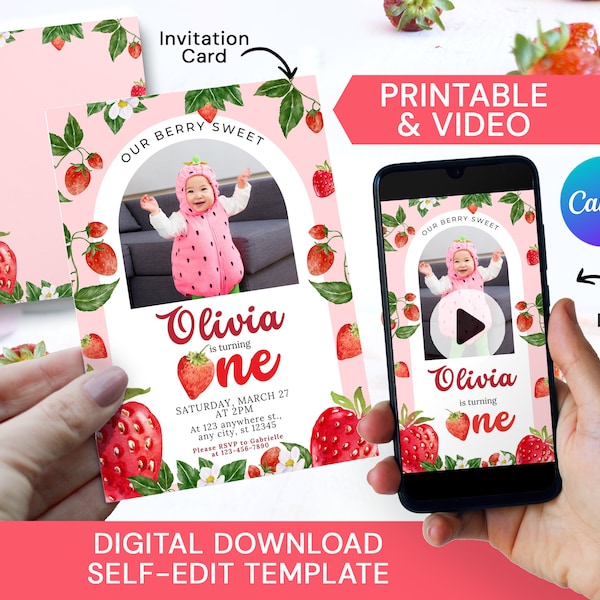 Berry first birthday invitation Video, Printable Berry Sweet Invite with photo, Strawberry 1st birthday party invites