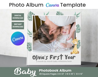 Szablon albumu ze zdjęciami dziecka, księga wspomnień dziecka, szablon albumu ze zdjęciami, projekt fotoksiążki Canva, prezent na pierwszy rok do wydrukowania, strona albumu ze zdjęciami