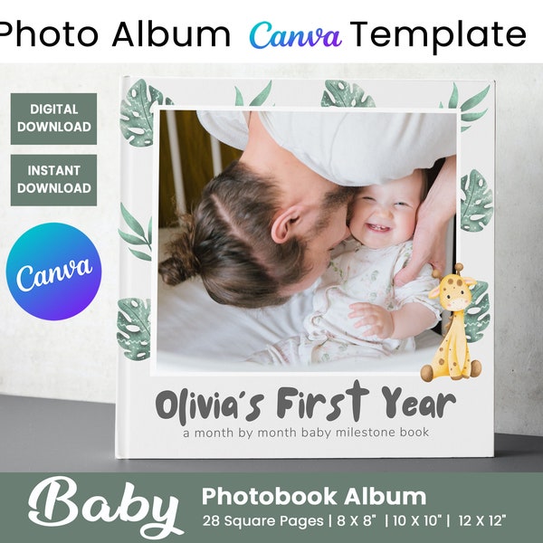 Baby Photo Album Template, Baby Memory Book, Photo Album Template, Photobook Design Canva, Printable First Year Gift, Scrapbook Page