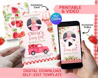 Berry First Birthday Invitation Video, Printable Berry Sweet Invite with photo, Strawberry 1st birthday party invites