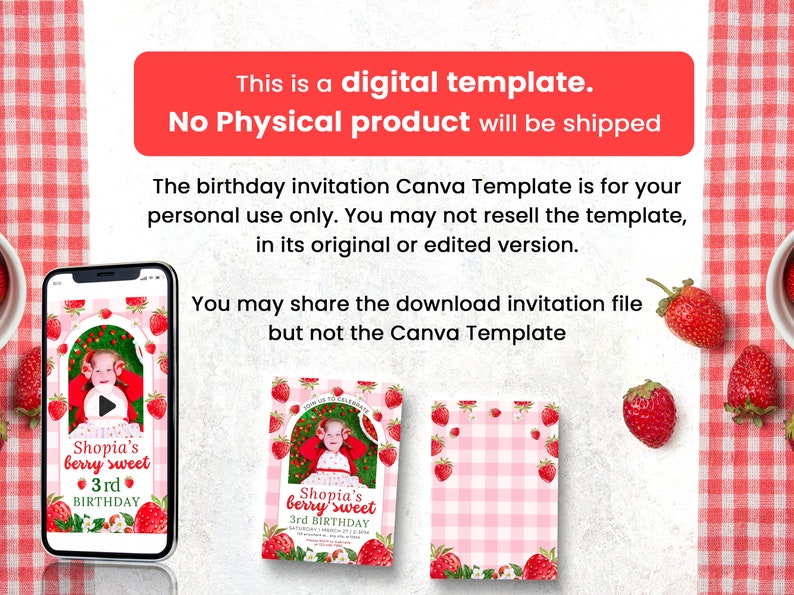 Editable Strawberry Berry sweet birthday invitation Video, Printable Berry First Invite with photo, Strawberry 1st birthday party invites, Digital Download, Instant Download