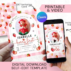 Berry first birthday invitation Video, Printable Berry Sweet Invite with photo, Pink Gingham Strawberry 1st birthday party invites