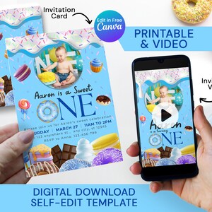 Sweet One Birthday Invitation Video with Photo, Printable Donut 1st Birthday Invite, Digital First Birthday Invites, Dessert Invitation