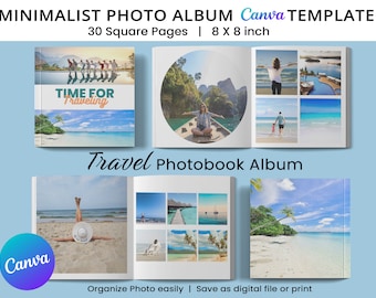 Minimalistische reisfotoboeksjabloon, bewerkbaar familiefotoalbum, Canva Scrapbookpagina, vakantieherinneringsboek, 8x8 vakantiefotocollage