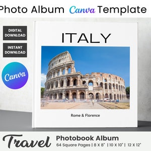 Travel Photo Book Template, Photo Album Template for Vacation, Family Photo Collage Kit, Customizable Square Photobook