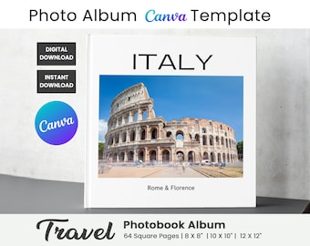 Travel Photo Book Template, Photo Album Template for Vacation, Family Photo Collage Kit, Customizable Square Photobook