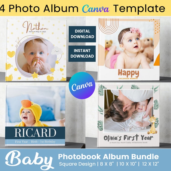 4 Baby Fotoalbum Vorlagen, Baby Erinnerung Buch, Fotoalbum Vorlage, Fotobuch Design Canva, druckbares erstes Jahr Geschenk, Scrapbook Seite