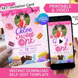 Sweet One Birthday Invitation Video with Photo, Printable Donut Invite, Digital Baby Girl 1st Birthday Invites, Pastel Dessert Invitation