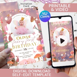 Fairy first birthday invitation, editable girl 1st birthday party invite with photo, digital enchanted magical forest floral fairy invite