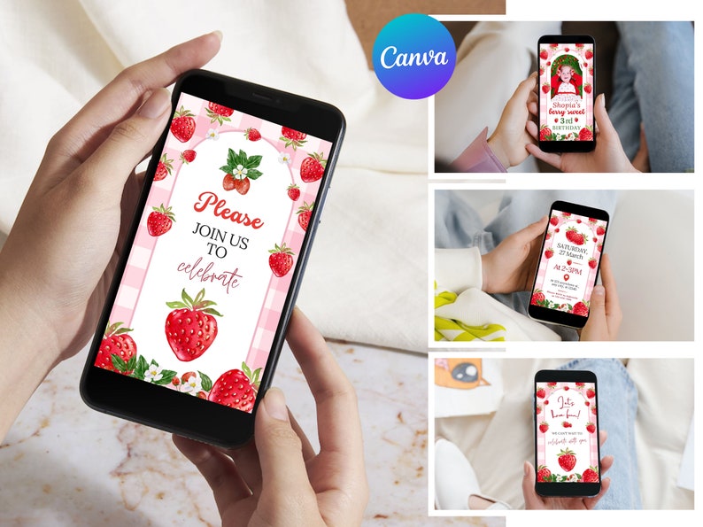 Editable Strawberry Berry sweet birthday invitation Video, Printable Berry First Invite with photo, Strawberry 1st birthday party invites, Digital Download, Instant Download