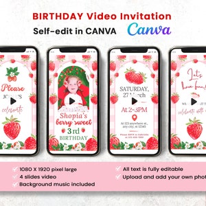 Editable Strawberry Berry sweet birthday invitation Video, Printable Berry First Invite with photo, Strawberry 1st birthday party invites, Digital Download, Instant Download