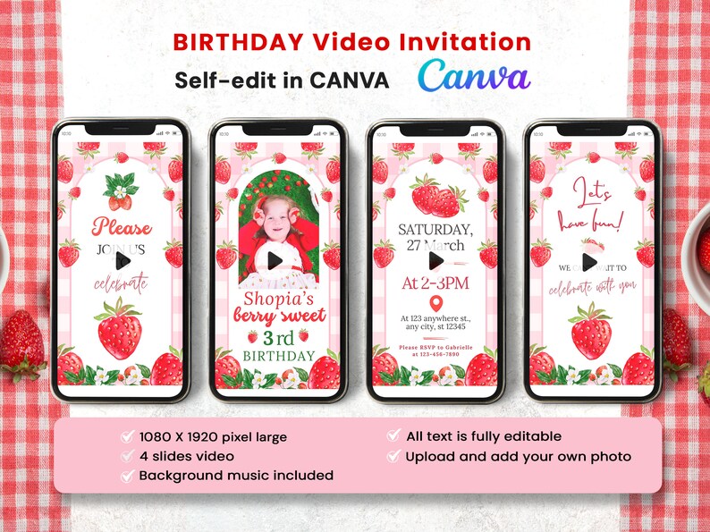 Editable Strawberry Berry sweet birthday invitation Video, Printable Berry First Invite with photo, Strawberry 1st birthday party invites, Digital Download, Instant Download