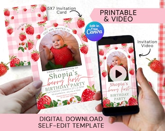 Berry first birthday invitation Video, Printable Berry Sweet Invite with photo, Strawberry 1st birthday party invites