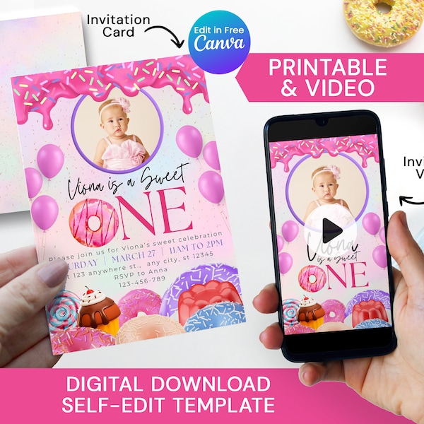 Sweet One Birthday Invitation Video with Photo, Printable Donut Invite, Digital Baby Girl 1st Birthday Invites, Pastel Dessert Invitation