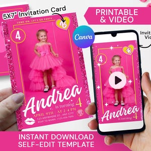 Doll Birthday Invitation, Hot Pink Giltter Fashion Doll Party Invitation Video with Photo, Girl Birthday Party Invite, Let&#39;s Go Party Evite