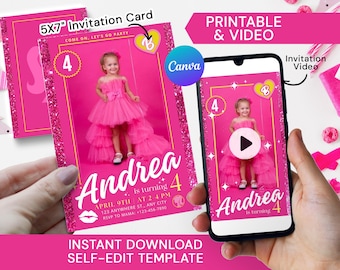 Doll Birthday Invitation, Hot Pink Giltter Fashion Doll Party Invitation Video with Photo, Girl Birthday Party Invite, Let's Go Party Evite
