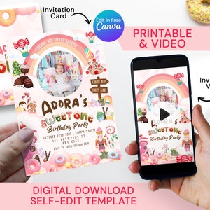 Sweet One Birthday Invitation Video with Photo, Printable Donut Invite, Digital Baby Girl 1st Birthday Invites, Pastel Dessert Invitation