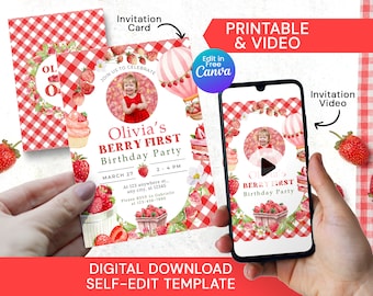 Berry First Birthday Invitation Video, Printable Berry Sweet Invite with photo, Strawberry 1st birthday party invites