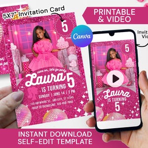 Doll Birthday Invitation, Hot Pink Giltter Fashion Doll Party Invitation Video with Photo, Girl Birthday Party Invite, Let&#39;s Go Party Evite