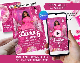 Doll Birthday Invitation, Hot Pink Giltter Fashion Doll Party Invitation Video with Photo, Girl Birthday Party Invite, Let's Go Party Evite