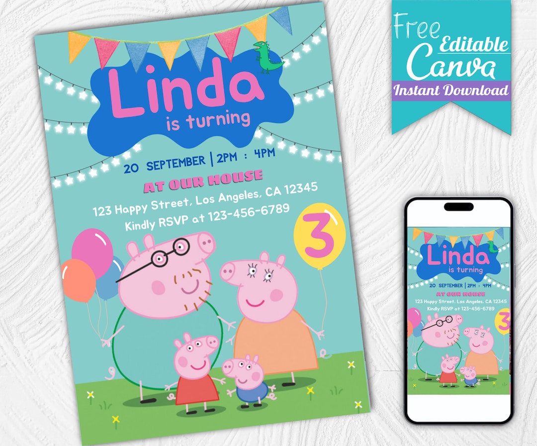 Peppa Pig Birthday Invitation Peppa Pig Party Invite Etsy